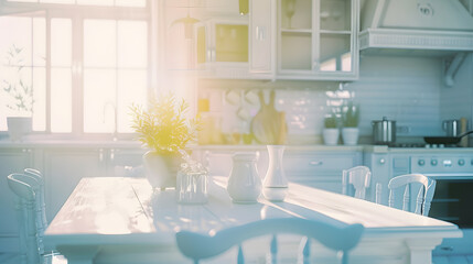 front view banner of a kitchen table in a fancy bright kitchen : Generative AI