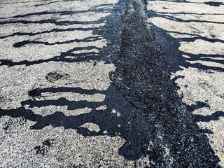 Asphalt on road. Street with black tar filling the cracks. Cracks in concrete surface are then...