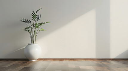 White classic wall background brown parquet floor home furniture detail frame and vase of plant : Generative AI