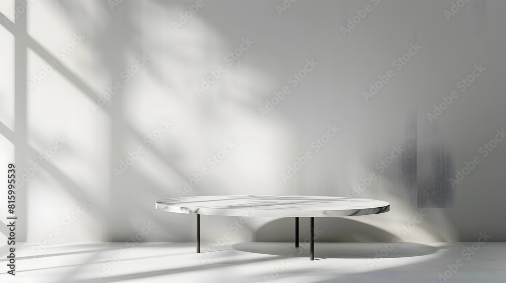 Poster Marble table with window shadow drop on white wall background for mockup product display : Generative AI