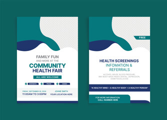 Community health Fair double-sided flyer design. Suitable for medical health and healthcare live webinar square Flyer. Instagram stories collection template design. EPS vector illustration.