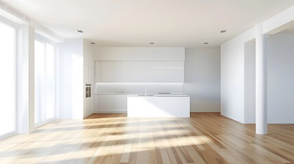 Empty living room and open kitchen with white walls and hardwood floor in unfurnished apartment : Generative AI