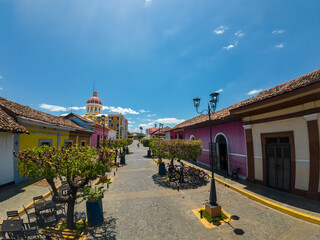 Beautiful view of the colonial city of Granada Nicaragua, Its majestic yellow cathedral, Guadalupe...