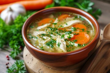 Warm bowl of chicken soup with carrots and parsley, perfect for cozy meals