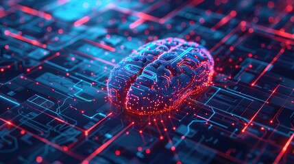 Artificial intelligence brain interface from top view  A digital brain connected to computers, representing connectivity in futuristic tone with a Tetradic color scheme