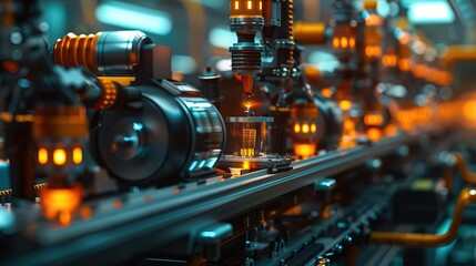 Fototapeta premium Advanced robotic sensors in use on an automation line in side view Sensors detecting and adjusting the manufacturing process