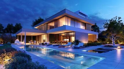 luxurious modern villa with pool and landscaped garden at night architectural visualization