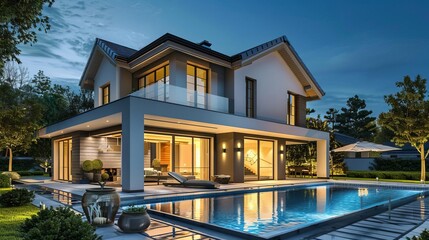 Fototapeta premium luxurious modern villa with pool and landscaped garden at night architectural visualization