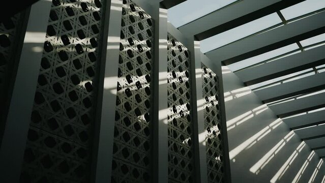 sunlight drop shadow on concrete wall. Modern architectural detail. architecture interior, modern open-air shadow design,
