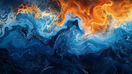 Abstract seascape emerges, cobalt and saffron hues swirling together.