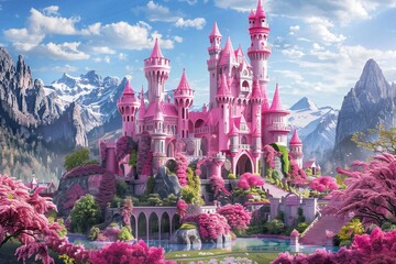 Enchanting Pink Castle in Fairy-tale Landscape