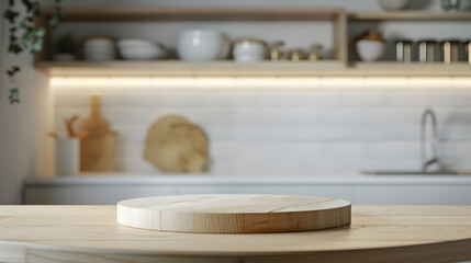 Empty beautiful round wood tabletop counter on interior in clean and bright kitchen  background Ready for display Banner for product montage : Generative AI