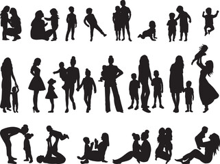 set of mom and children silhouette on white background vector