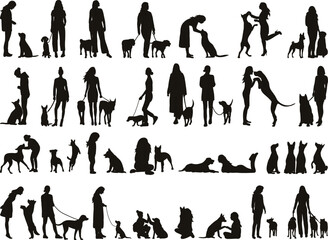 set of people and dogs silhouette on white background vector