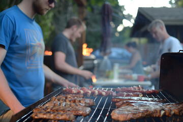 Friends enjoying a 4th of July barbecue, cooking food and socializing outdoors.