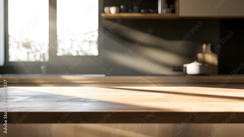 Aufkleber empty modern coffee kitchen table countertop platform and blurry soft light window and cozy home int