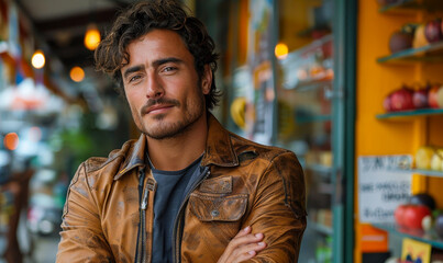Obraz premium Confident Young Arab Man with Crossed Arms in Leather Jacket, Urban Casual Style, Looking Sideways, Assertive Expression