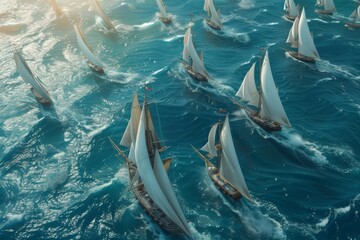 Regatta of sailing ships with white sails on the high seas.
