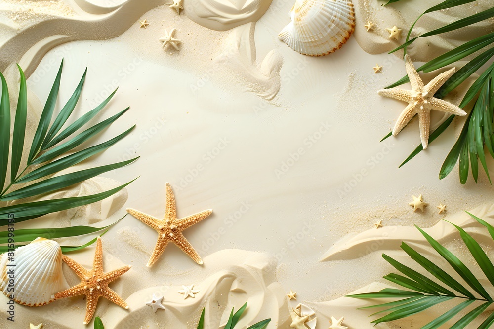 Poster Beach sand top view - Tropical beach vibes with starfish and palm leaves on sand