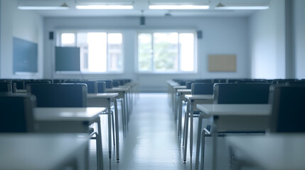 Empty defocused university classroom Blurred school classroom without students with empty chairs and tables Business conference room : Generative AI