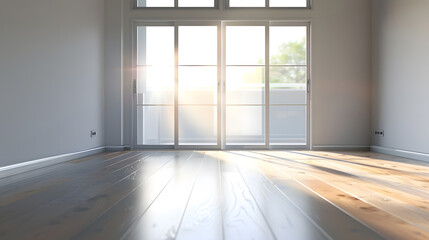 Obraz premium an empty living room with sliding glass doors and floor to the right there is no one person in it : Generative AI