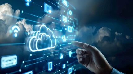 Hand interacting with futuristic cloud computing interface, with digital icons and holographic technology concept, against a cloud-filled sky background.