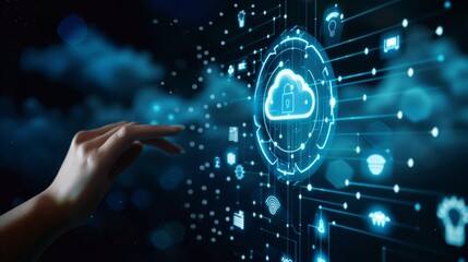 A person interacting with a futuristic cybersecurity interface with various icons related to data protection and network security.