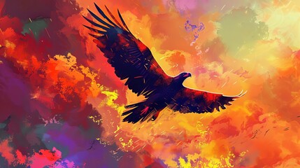 Fototapeta premium majestic eagle soars through fiery orange sunset sky silhouetted against vibrant colorful clouds digital painting
