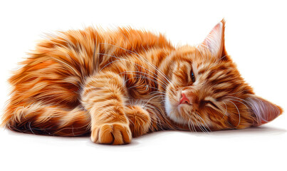 Relaxed Red Cat Lying on White Background, Peaceful Domestic Animal Resting, Perfect Pet Image for Lovers of Felines