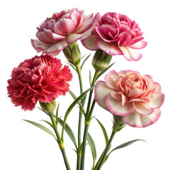 A close-up of four red and pink carnations, with stems and buds visible, captured indoors during the day