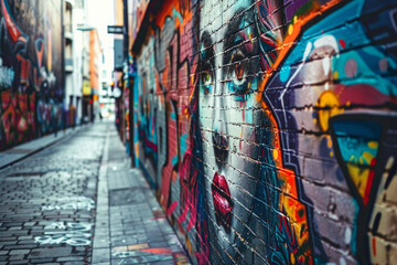 A quirky street art alley adorned with vibrant murals, graffiti tags, and urban artworks, showcasing the creativity and expression of local artists in a colorful and dynamic outdoor gallery. 
