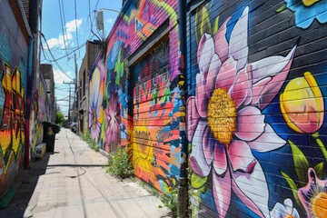 Obraz premium A quirky street art alley adorned with vibrant murals, graffiti tags, and urban artworks, showcasing the creativity and expression of local artists in a colorful and dynamic outdoor gallery. 