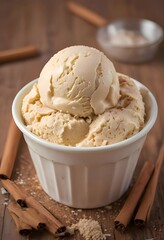 Cinnamon Ice Cream Scoop in White Bowl