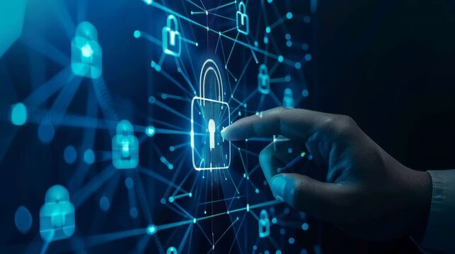 Futuristic concept of a person interacting with a digital interface featuring security padlocks for cybersecurity and data protection.