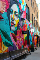 Obraz premium A quirky street art alley adorned with vibrant murals, graffiti tags, and urban artworks, showcasing the creativity and expression of local artists in a colorful and dynamic outdoor gallery. 