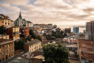 Panoramic view of Conception Hill (Cerro Concepcion) in Valparaiso, Chile, featuring the Lutheran...