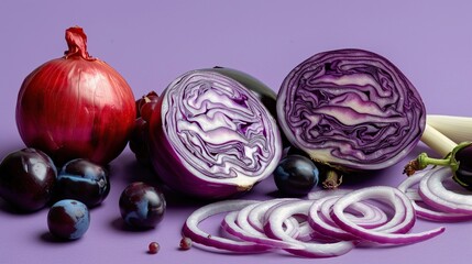 red cabbage, red onion, grape aubergine, plum and blackcurrant on the purple background. Generative Ai