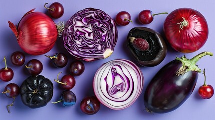 red cabbage, red onion, grape aubergine, plum and blackcurrant on the purple background. Generative Ai - Powered by Adobe