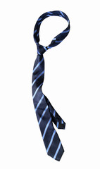 Stylish blue striped tie isolated on white background.