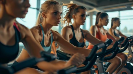 Fototapeta na wymiar Group of focused women exercising on stationary bikes in a fitness class at the gym, showcasing healthy lifestyle and teamwork.