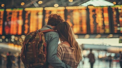 Obraz premium Couple traveling and looking at the flight schedule at the airport, Attractive couple in an airport