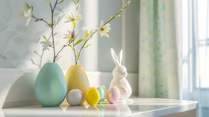 Interior design of easter living room interior stylish sideboard colorful easter eggs easter bunny...