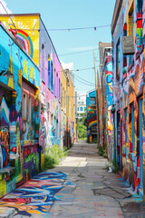 Naklejka premium A quirky street art alley adorned with vibrant murals, graffiti tags, and urban artworks, showcasing the creativity and expression of local artists in a colorful and dynamic outdoor gallery. 