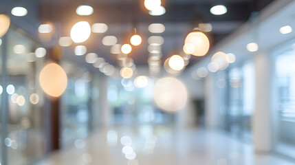 Blurred empty open space office Abstract light bokeh at office interior background for design : Generative AI