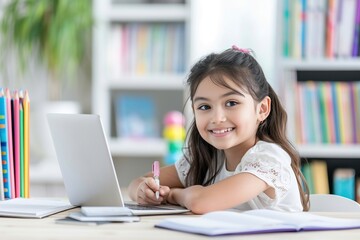 Smart small Asian girl sit at table with laptop studying at home. 6s child write exercise book prepare homework for school. Little kid handwritten in notebook do task assignment. Learning, education