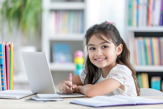 Smart small Asian girl sit at table with laptop studying at home. 6s child write exercise book prepare homework for school. Little kid handwritten in notebook do task assignment. Learning, education