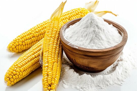 Bright yellow corn cobs beside a wooden bowl of fine cornflour, isolated on a white surface
