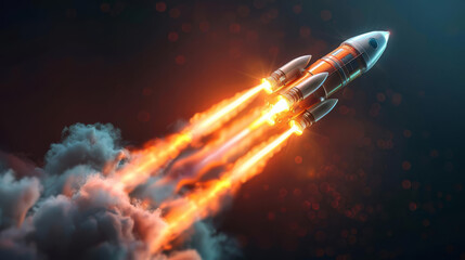 Fototapeta premium Futuristic image of a rocket taking off with glowing trails, representing progress and advancement