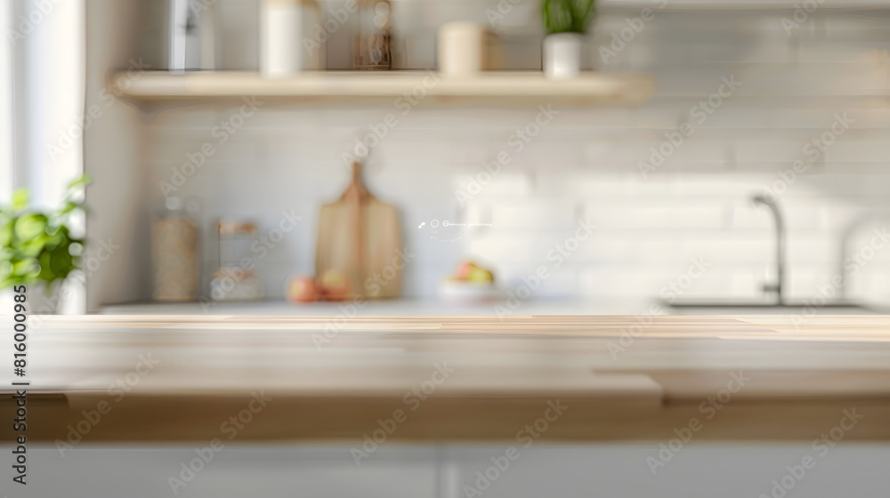Poster tablet top for product placement on with blurred background of a modern minimal interior of a kitche