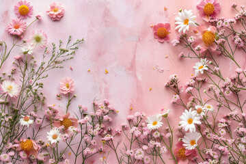 Composition of wildflowers and garden flowers in flat lay style. Natural shapes and subtle colors on a pastel canvas